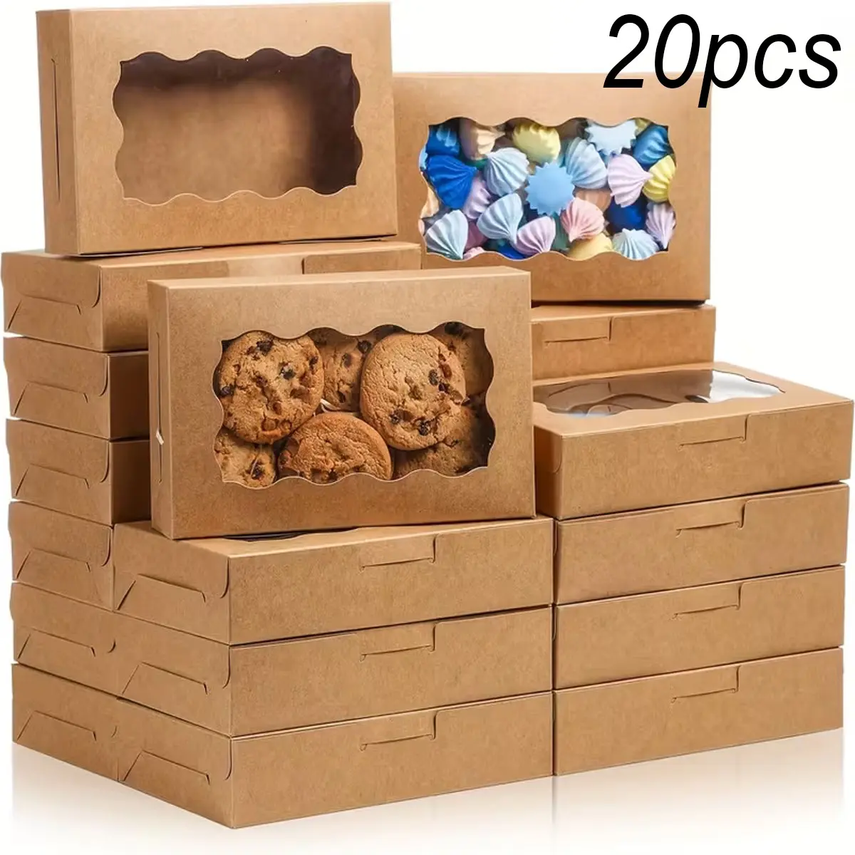20 Pcs Wave Transparent Window Kraft Paper Boxes, Cookie Box, Cupcake Box, Baking Box, Candy Box, Dessert Box for Weddings Birthdays