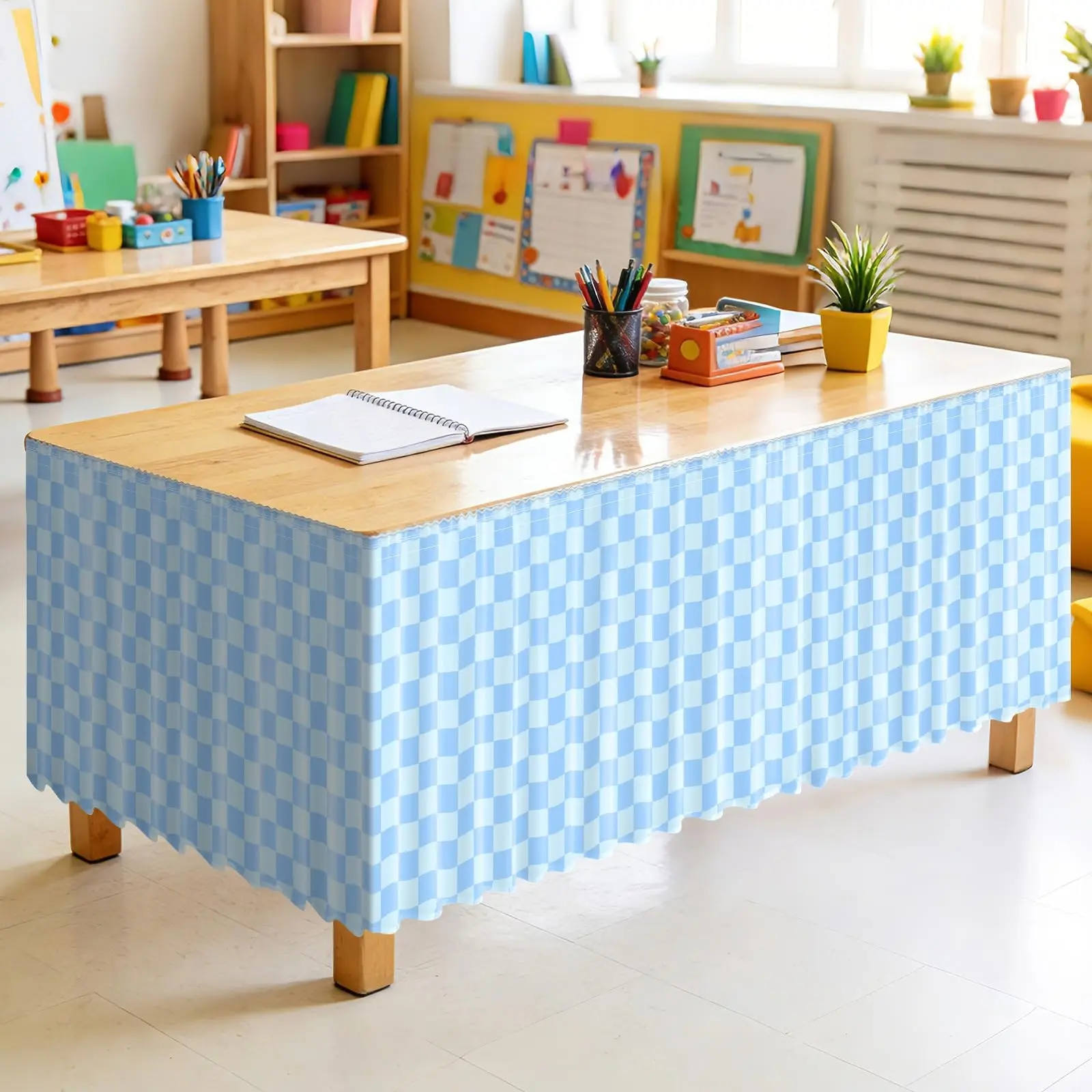 9ft Blue Plaid Table Skirt with Ruffles, Colorful Teacher Table Skirt for Classroom Decor, Rectangular Table Cover for Back-To-School Parties