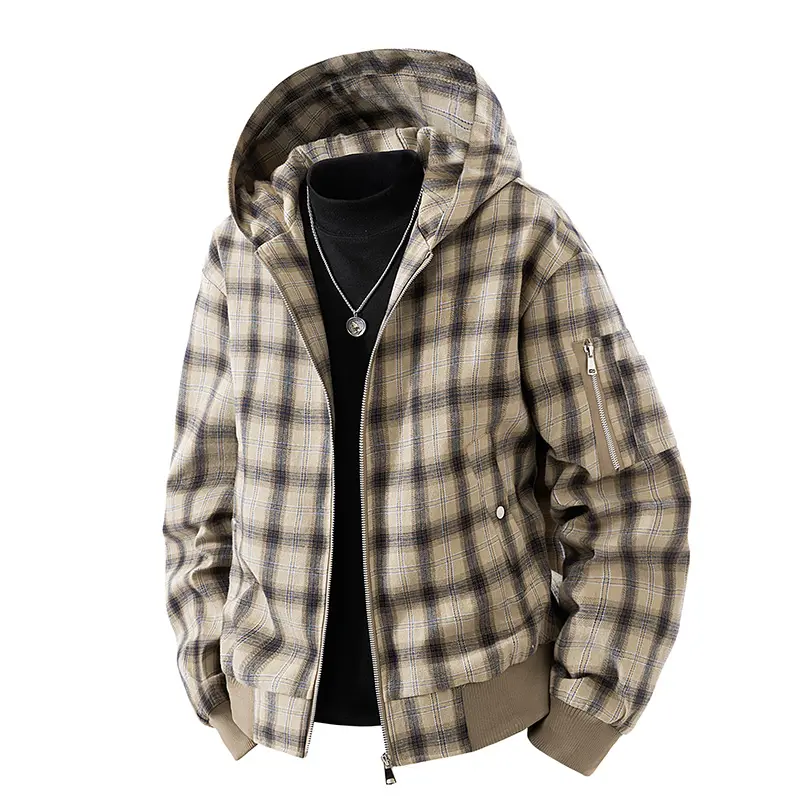 Men's American Vintage Plaid Patchwork Hooded Jacket, Long Sleeve Casual Outdoor Menswear Outerwear