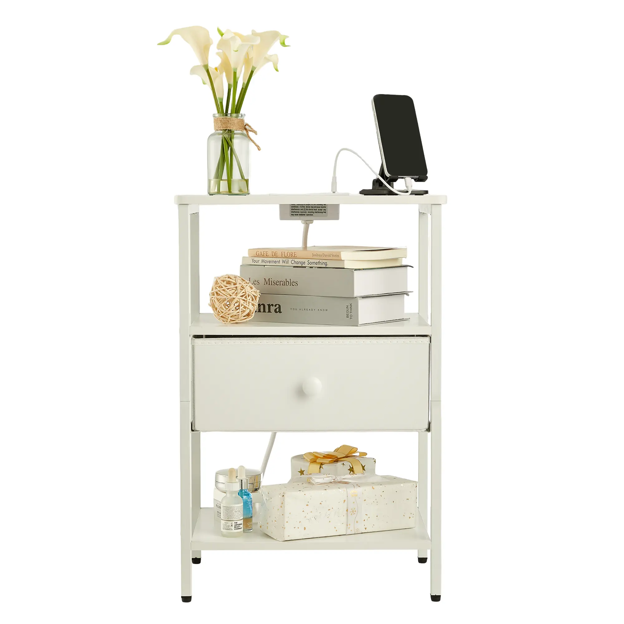 Modern Slim Nightstand with Charging Station – 3-Tier Storage + Fabric Drawer, Sturdy Steel Frame, Perfect for Small Spaces