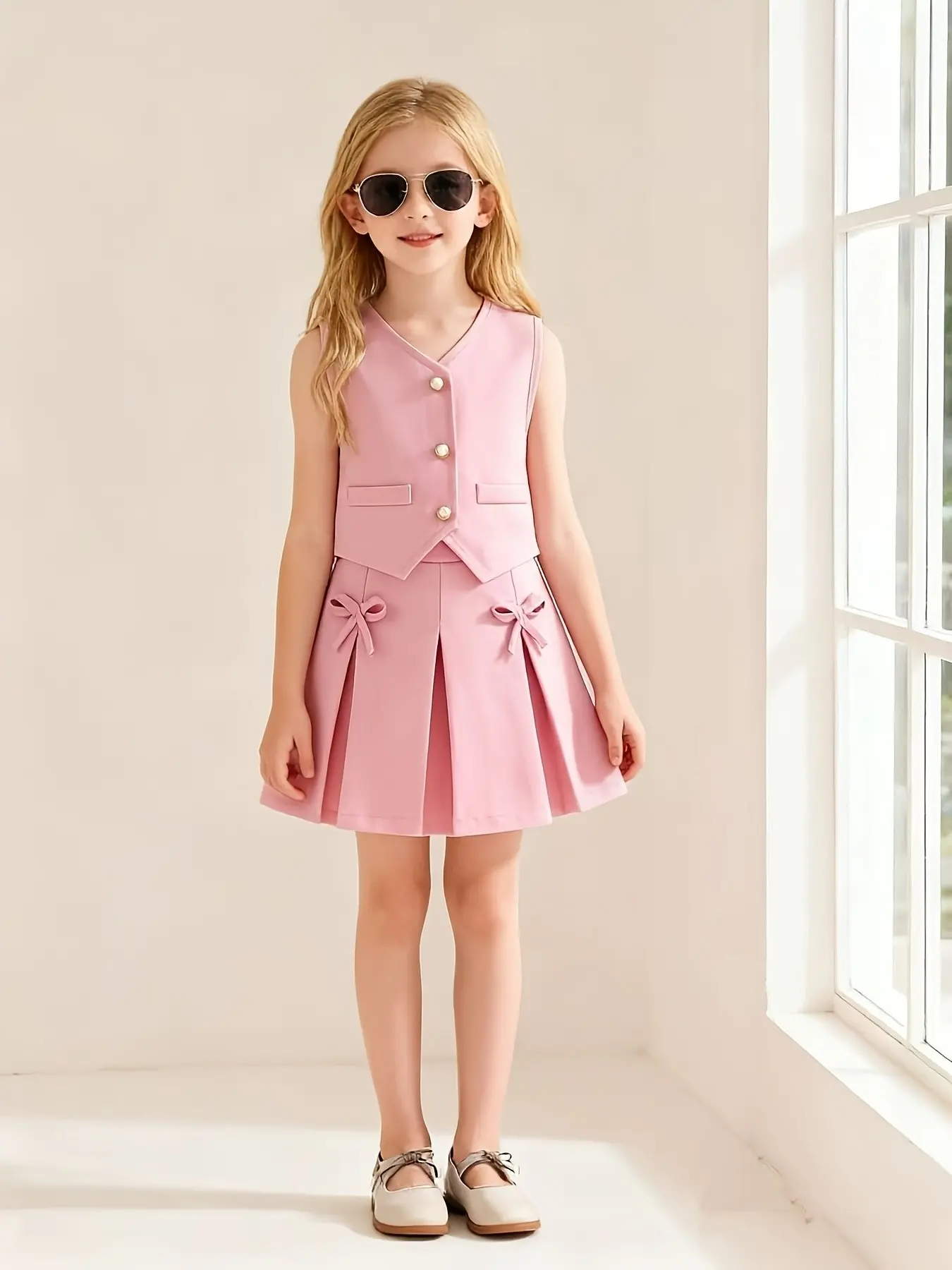 Fashionable Girl Sleeveless Blazer Top and Pleated Skirt Set, Bow Detail Design, Y2K Style, Casual for Leisure, Shopping, Parties, Vacation