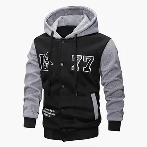 Men's Black and Grey "LA 77" Hooded Baseball Jacket - Button Details, Printed Design, Fashionable Layered Appearance (Suitable for Casual and Athletic Styles)