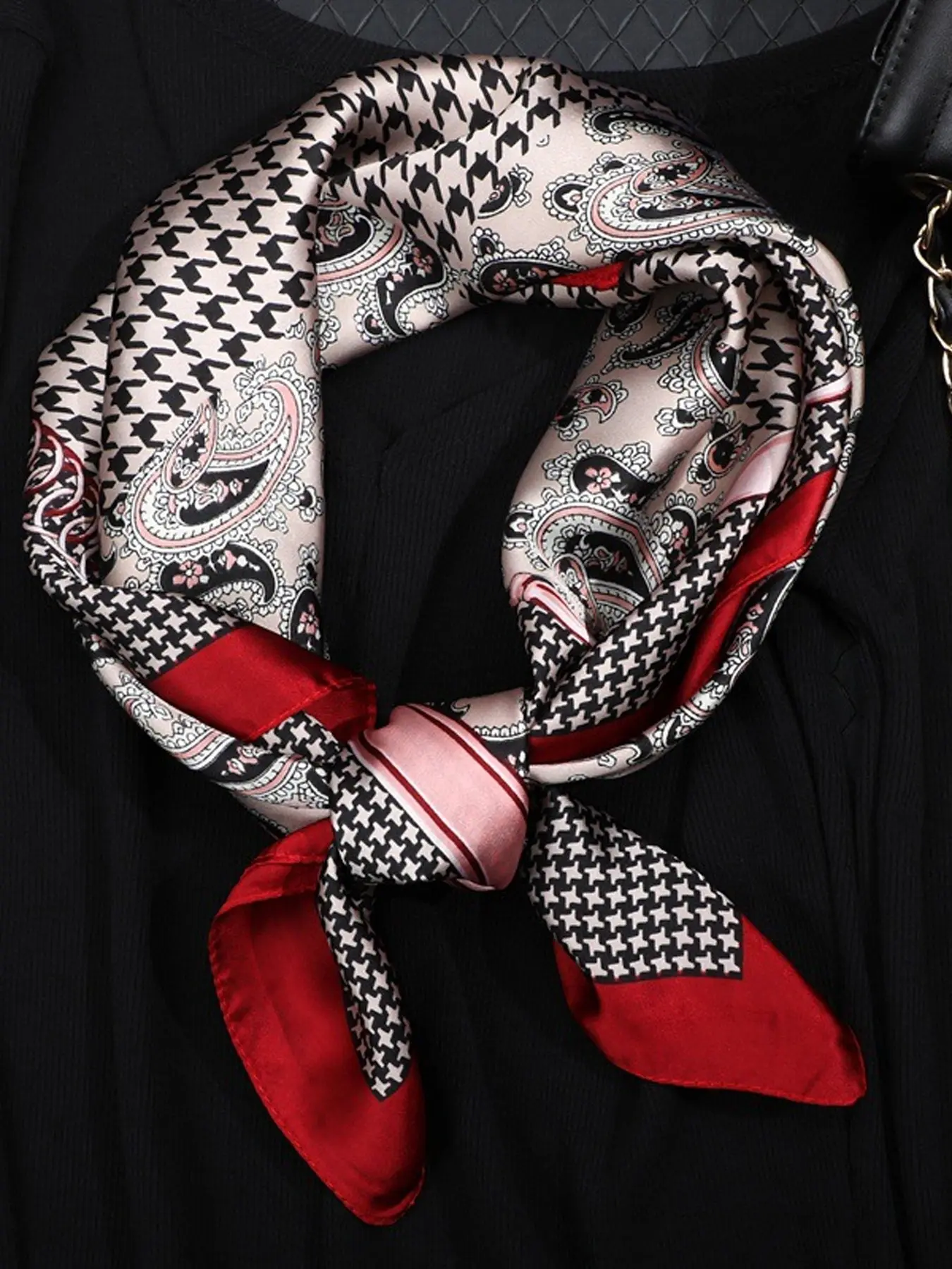 Retro Houndstooth Paisley Satin Scarf, Elegant Vintage Bandana, Multi-Use Hair Wrap, Neck Tie, Bag Ribbon, Office Gift for Her