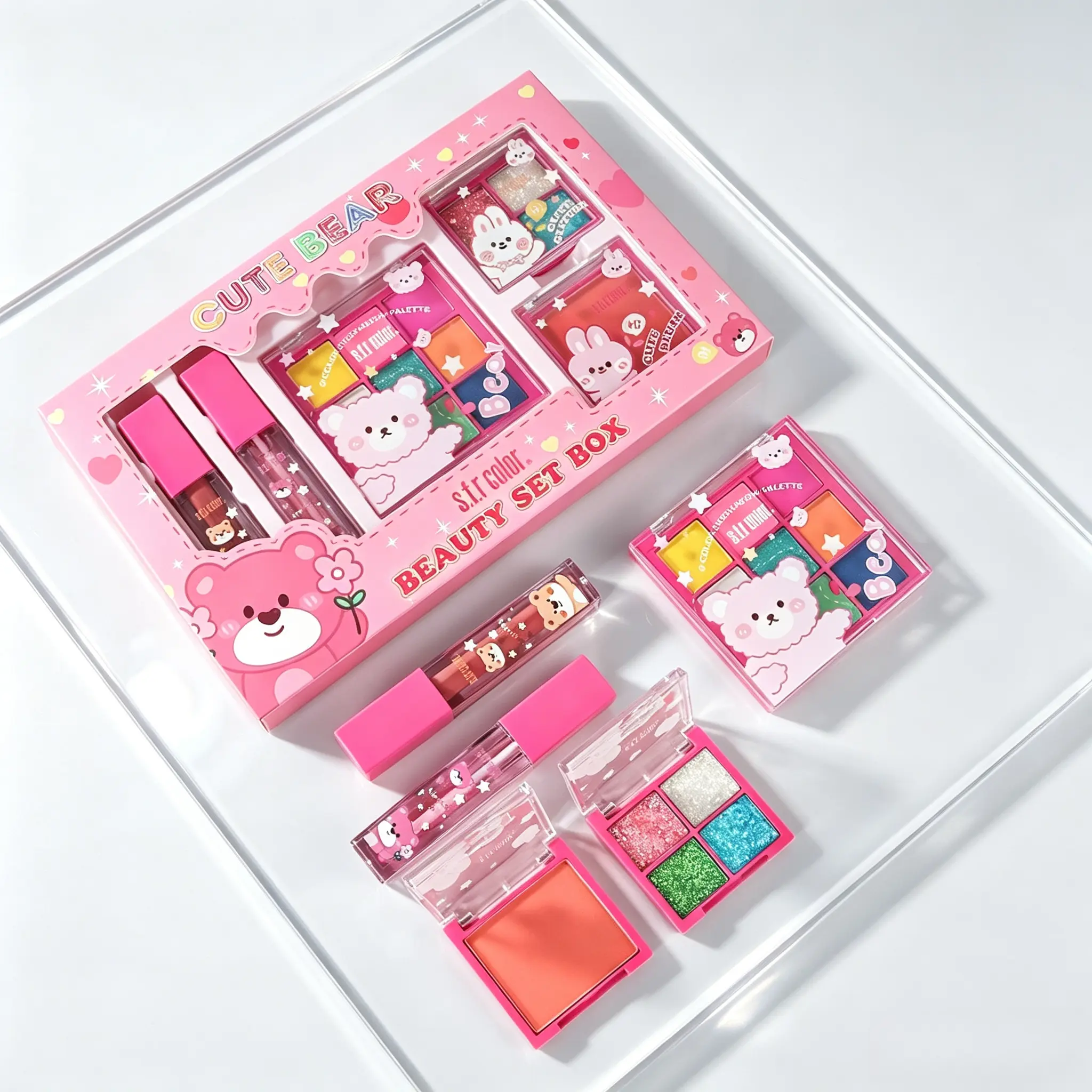Beginner Friendly Cartoon Makeup Set, Multi-color Eyeshadow Fine Glitter Fresh Blush Matte Lip Gloss, Suitable For Daily Light Makeup, Creative & Stage Makeup