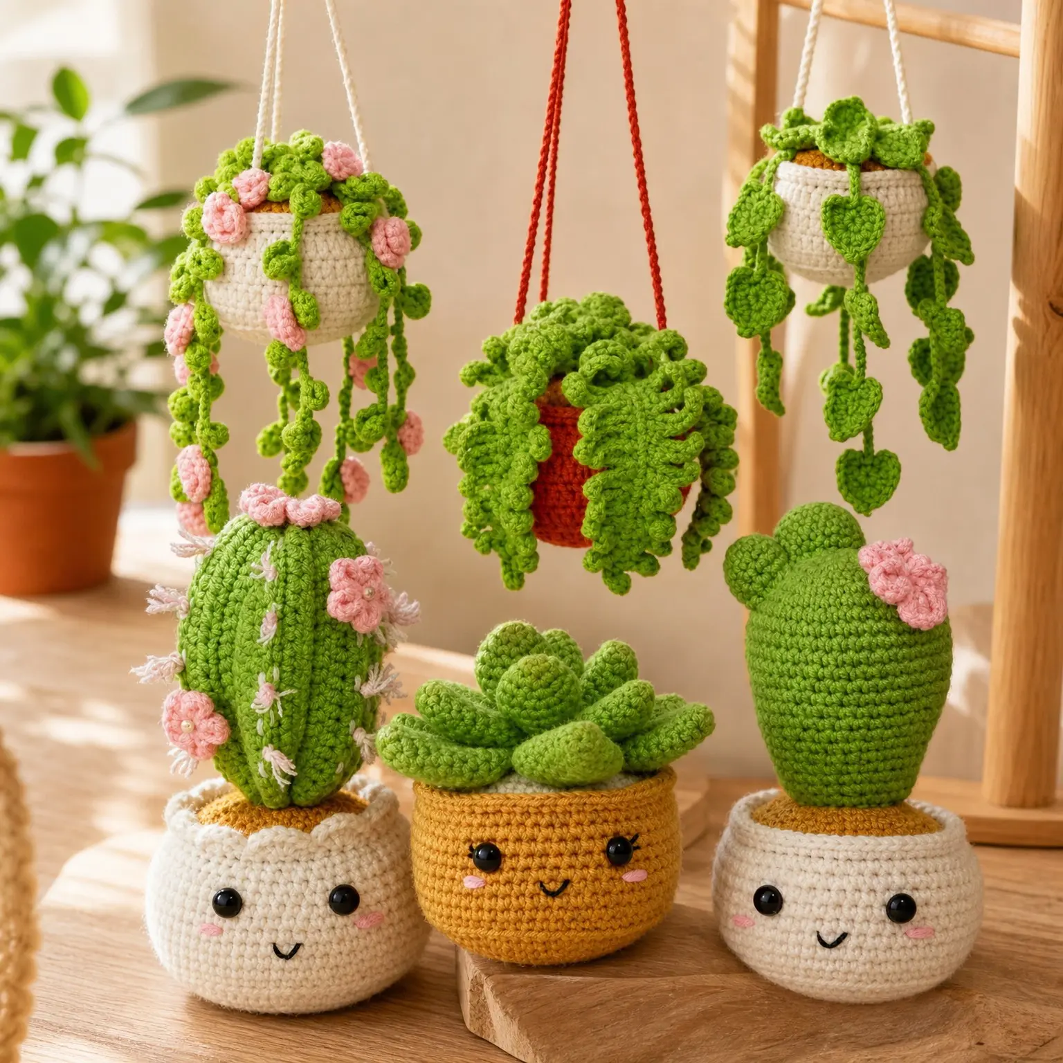Beginner Crochet Kit with Step-by-Step Video Tutorials, 6 Pack Amigurumi Hanging Potted Plants Family, 40%+ Yarn