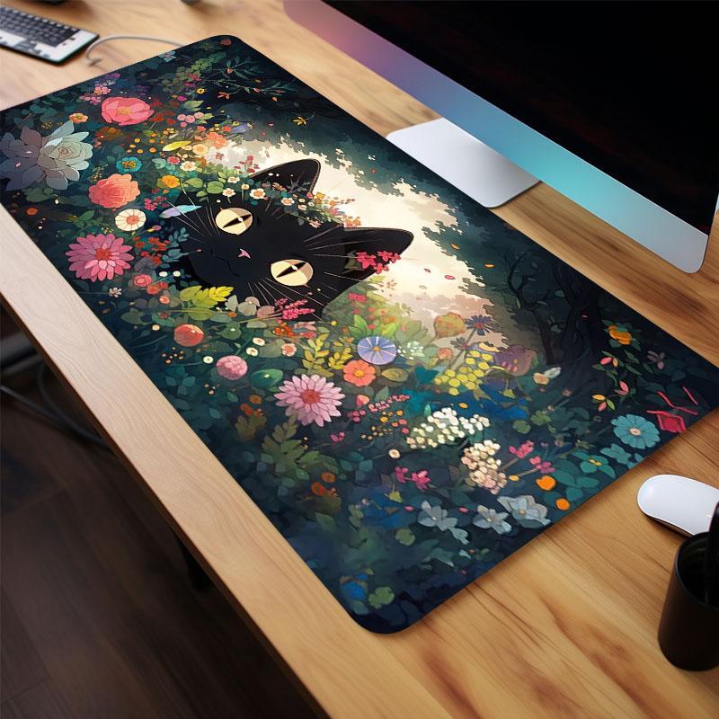 Flower & Black Cat Pattern Mouse Pad, 1 Piece Modern Fashion Mouse Pad, Extended Aesthetic Keyboard Mouse Pad, Desk Mouse Pad for Home Office School, Desk Accessories, Office Stationery & Supplies