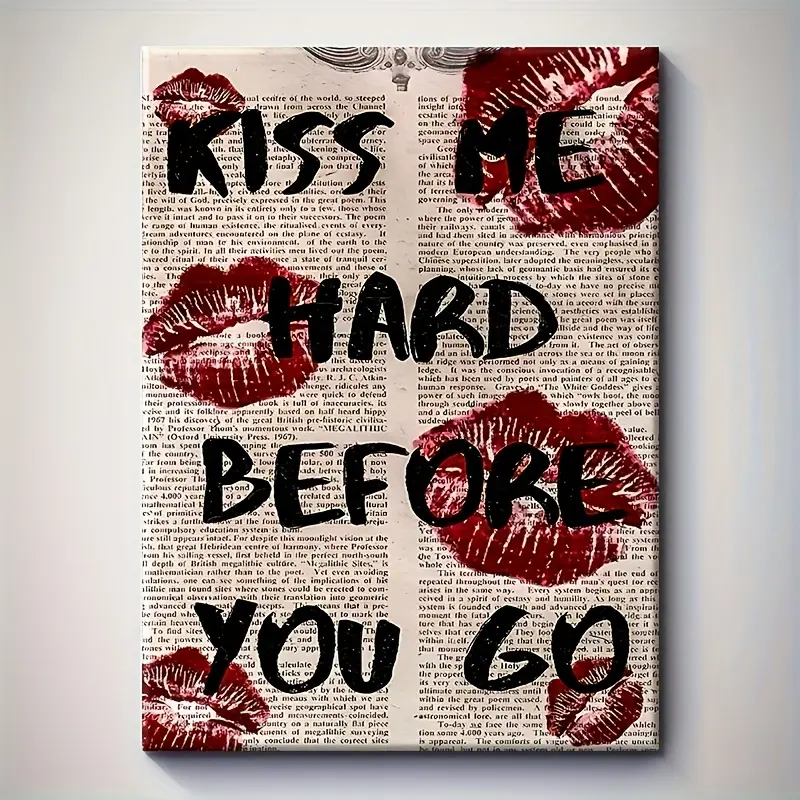 2D Flat, [2D Flat] 1pc Wrapped Solid Wood Frame Poster- Kiss Me Hard Before You Go Go Vintage Lips& Red Lipstick Kisses Art Print, Black& Red Contemporary Bohemian Modern Wall Decor for Living Room, Bedroom, Bathroom- Valentine's Day