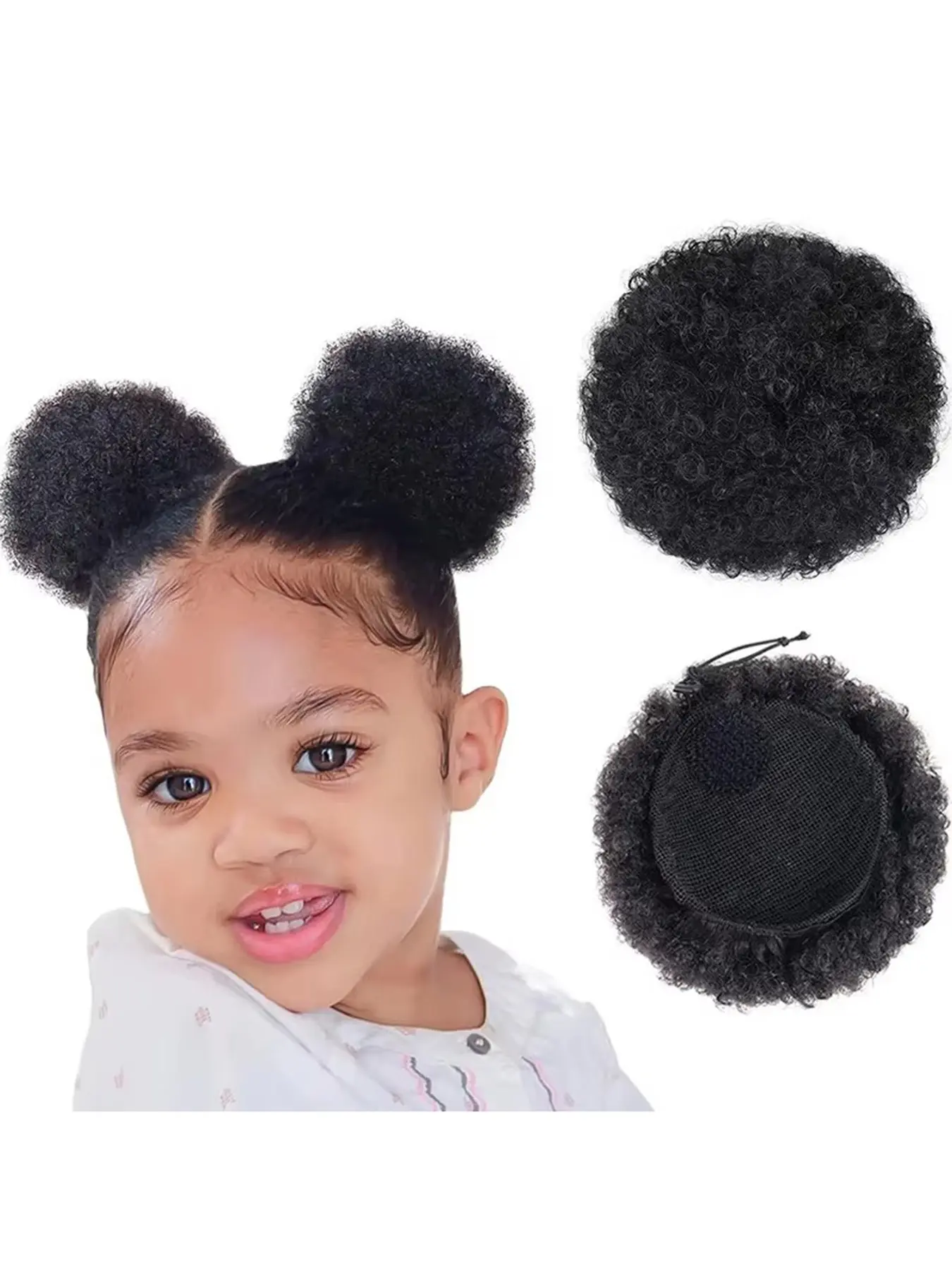 2PCS/Pack  Kids Hair Puff Natural Black Human Hair Mini Afro Puff Drawstring Ponytail for Girls  4 Inch Kinky Curly Hair Updo Chignon Children Hair Accessories