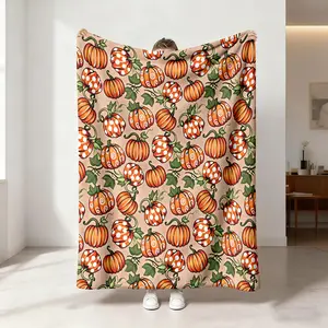 1pc solid color orange pumpkin white dot red ripple dot pumpkin green leaf vine element printed blanket, soft and comfortable flannel blanket, home office camping bed blanket, warm blanket, outdoor blanket, suitable as a gift
