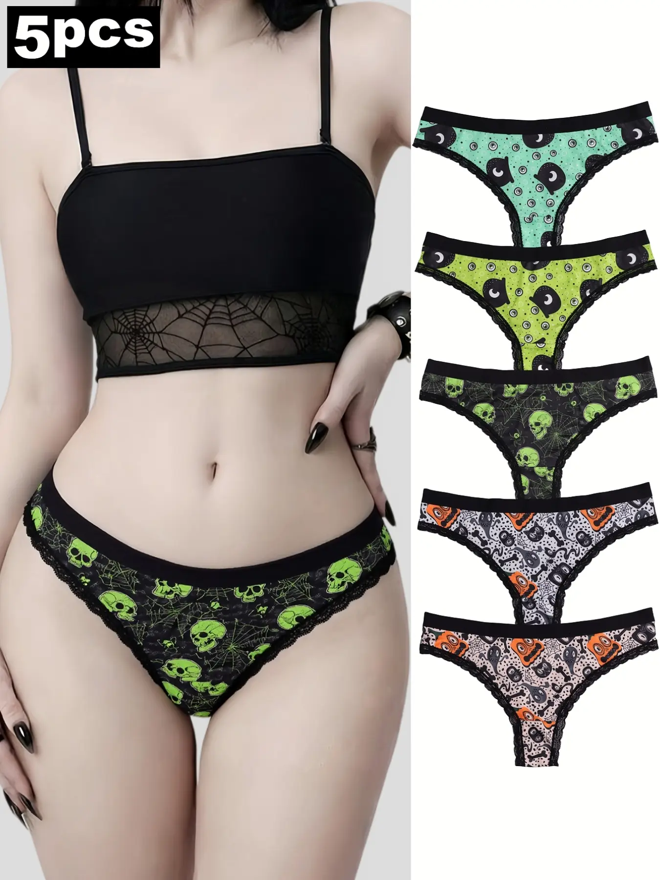 5-Pack Gothic Thongs, Spooky Pumpkin & Skull Print Lingerie, Gothlingerie, Altfashion, Halloweenunderwear, Y2kunderwear, Darkaesthetic, Panties, Contrast Lace Panty