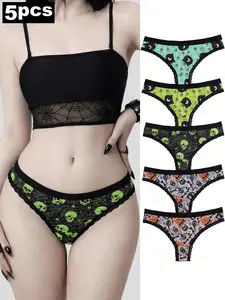 5-Pack Gothic Thongs, Spooky Pumpkin & Skull Print Lingerie, Gothlingerie, Altfashion, Halloweenunderwear, Y2kunderwear, Darkaesthetic, Panties