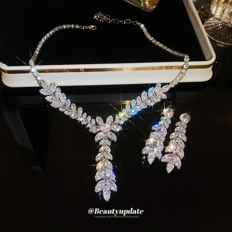 Silver Needle 2026 Zircon Wheat Ear Tassel Earrings and Necklace Set, Fashionable Light Luxury Clavicle Chain, High-end Jewelry