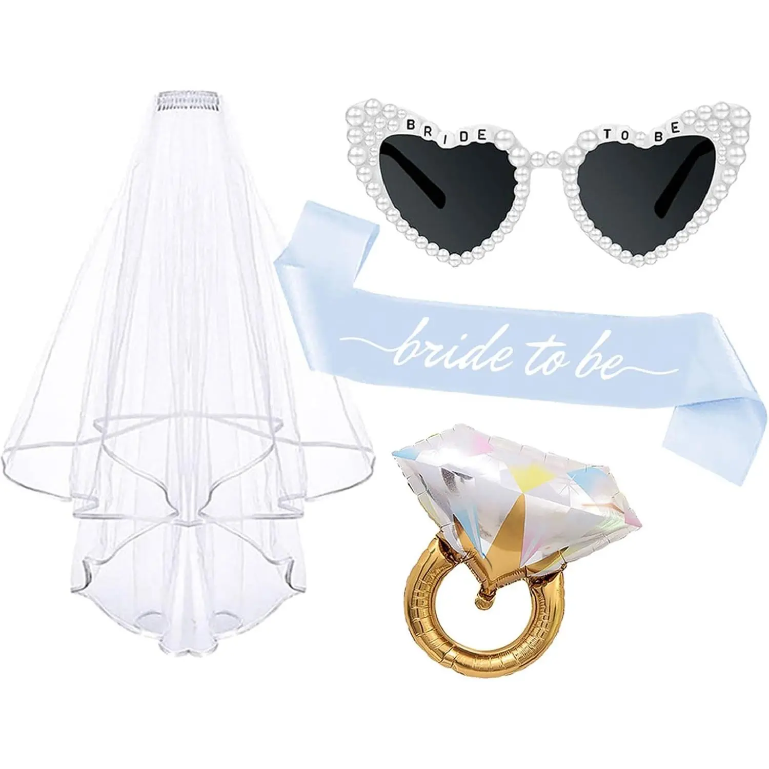 4 count Blue Bride To Be Sash and Veil  Bride Sunglasses Ring Balloons Accessories for Bachelorette Bridal Shower Engagement Wedding Party Decorations