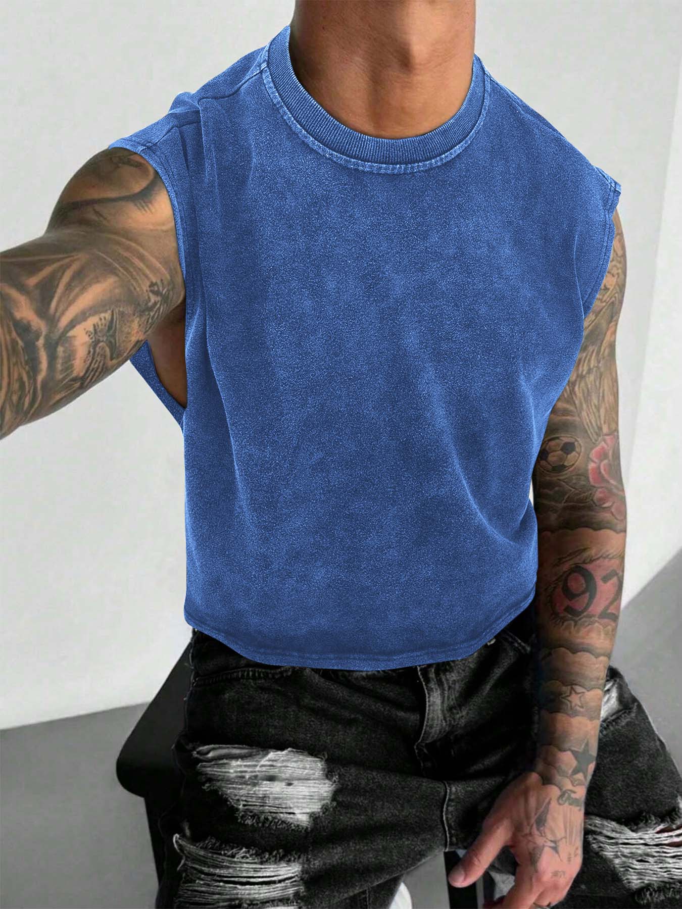 【TDOTW】Men's Washed Sleeveless Fitted Casual Plain Vest, high-quality cotton, all-day wear, street culture effect, enhance comfort and fashion