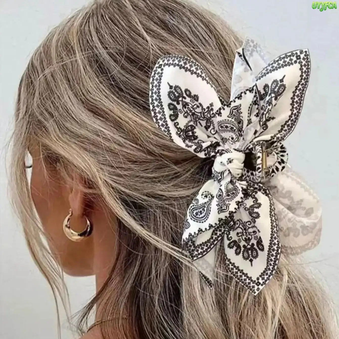 2 Pack Leopard and Paisley Bow Hair Claw Clips for Women, Large Non Slip Strong Grip Satin Chiffon Barrettes,elegant silhouette, Flowy Bow Tails Decorative Hair Accessories for Thick Hair Daily Vacation Boho Festival Party Styling,boho knotless braids