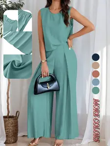 Two-Piece Set Women's Basic Minimalist Solid Color Keyhole Back Tank Top & Wide Leg Pants, Casual Fit Sleeveless Top & Elastic Waist Trousers for Summer, Ladies Clothes for Daily Wear, Womenswear