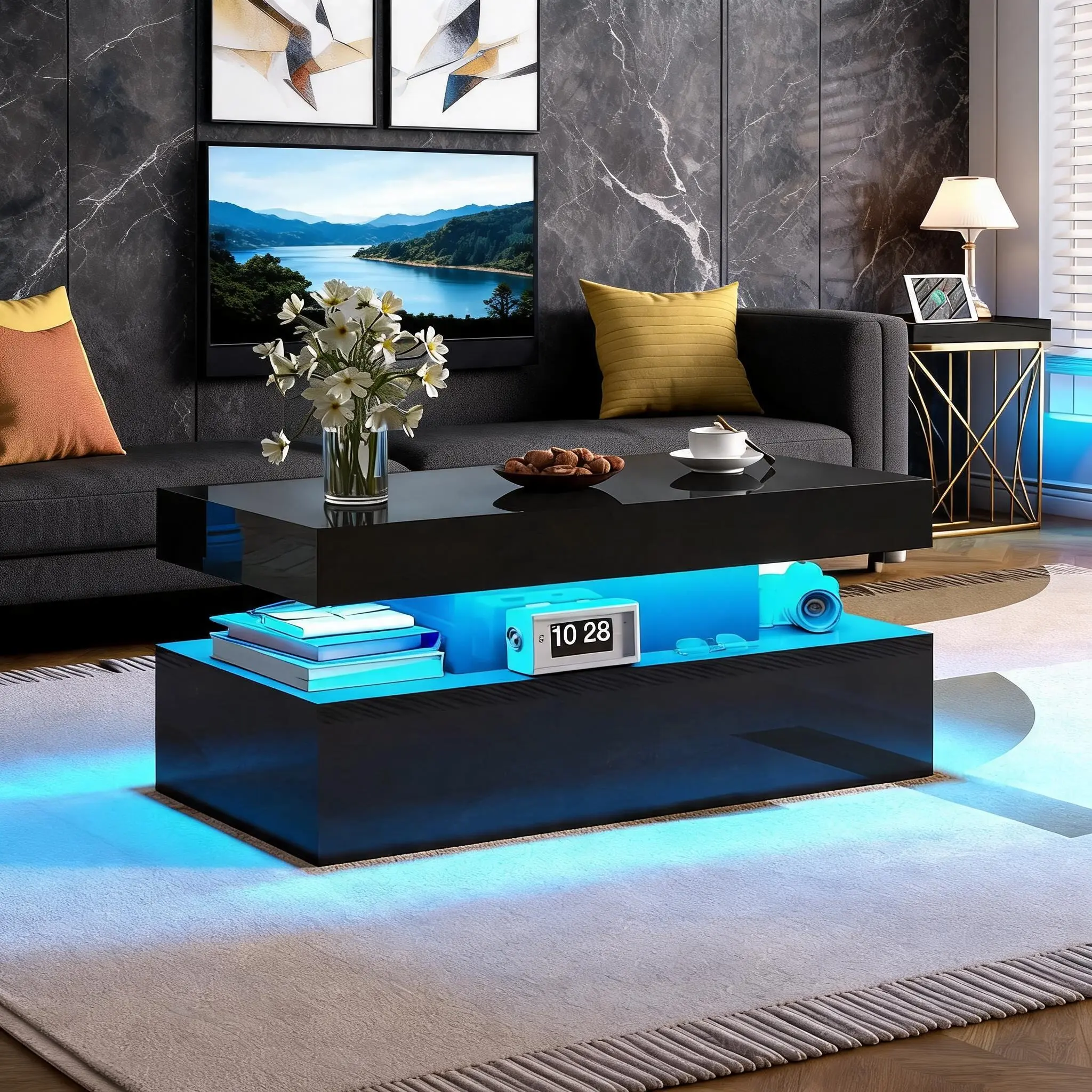Black 39.4 Inch High Gloss LED Coffee Table, UV Wood Center Table with RGB Adjustable Lights Remote & App Control, Open Storage Rectangular Accent Table Holds 220lbs, Minimalist Modern Furniture for Living Room Bedroom Small Apartment Easy Assembly