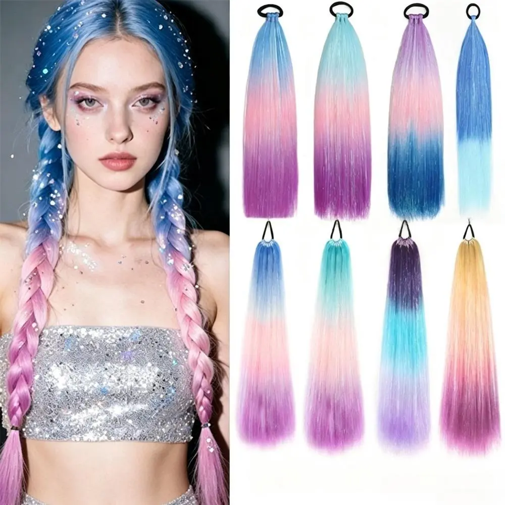 Women’s Elastic-Band Holographic Ponytail Extensions - Silky Synthetic, Multi-Color Glitter Gold & Silver Tinsel, Long Braids, Straight Hair, Lightweight Party-Ready Hair Piece for Festival & Daily Styling
