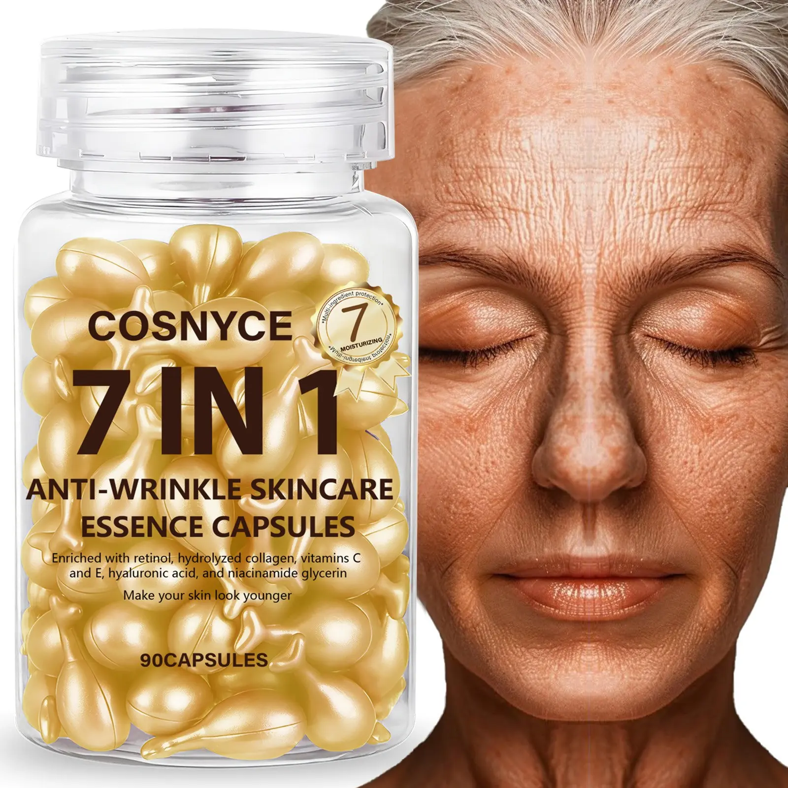 90 Capsules 7-In-1 Facial Essence, Deep Hydration, Alcohol-Free Formula, Suitable for All Skin Types, Liquid Form, 24-Month Shelf Life