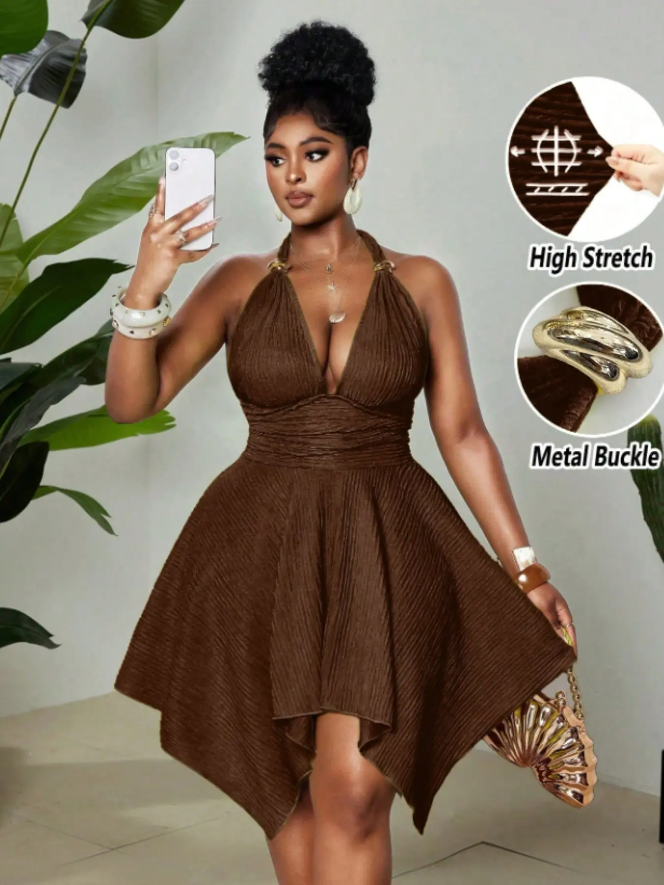 Women's Summer Night Out Party Cocktail Dress, Elegant Chic Jacquard Knit Fabric High Stretch Halter Neck Sleeveless, Metal Decoration Buckle, Asymmetric Hem Backless