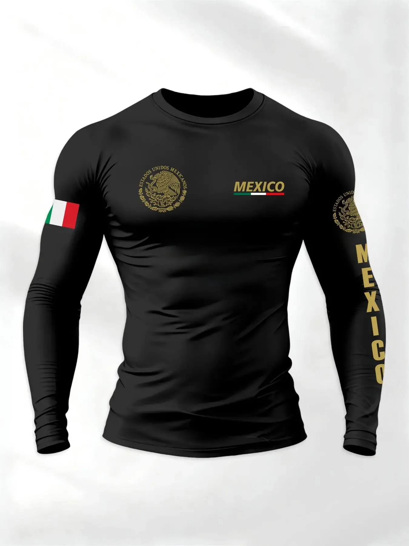 Mexico Flag Print Tight Long Sleeve T-Shirt for Men, Quick-Dry Elastic Training Top, Loose-Fit Spring & Fall Apparel