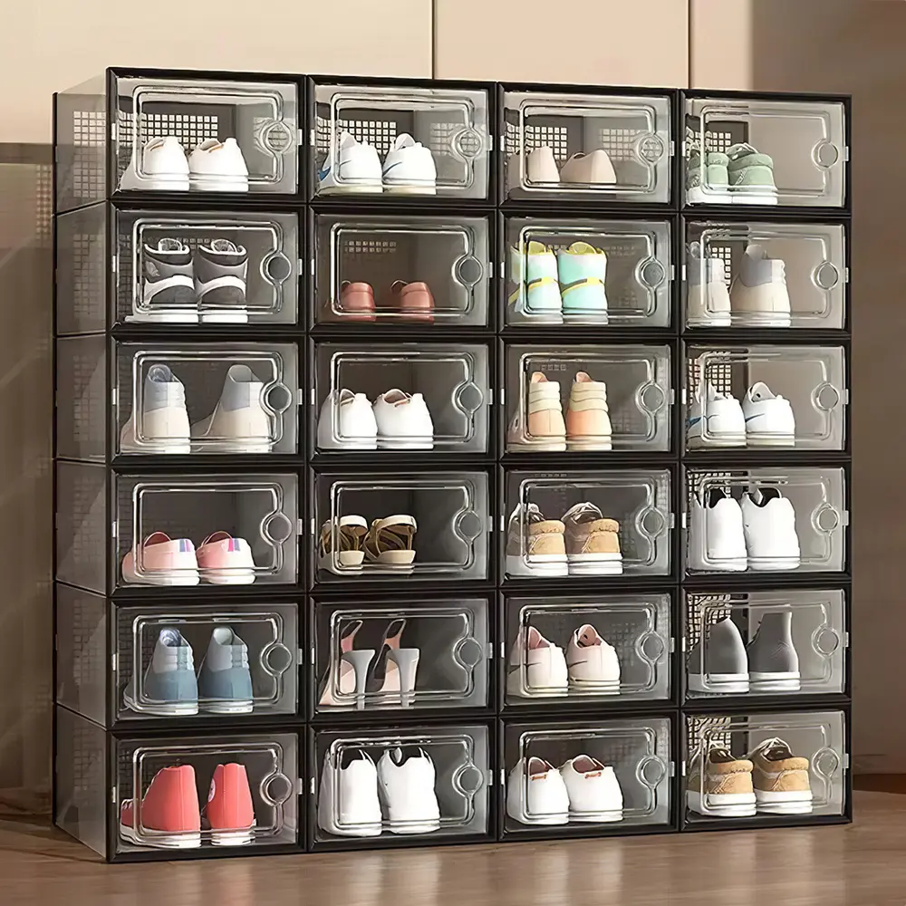 Stackable Shoe Storage Container, Transparent Hard Plastic Box, DIY Easy Assembly, Door Frame, Space Saving, Foldable Multi-Functional