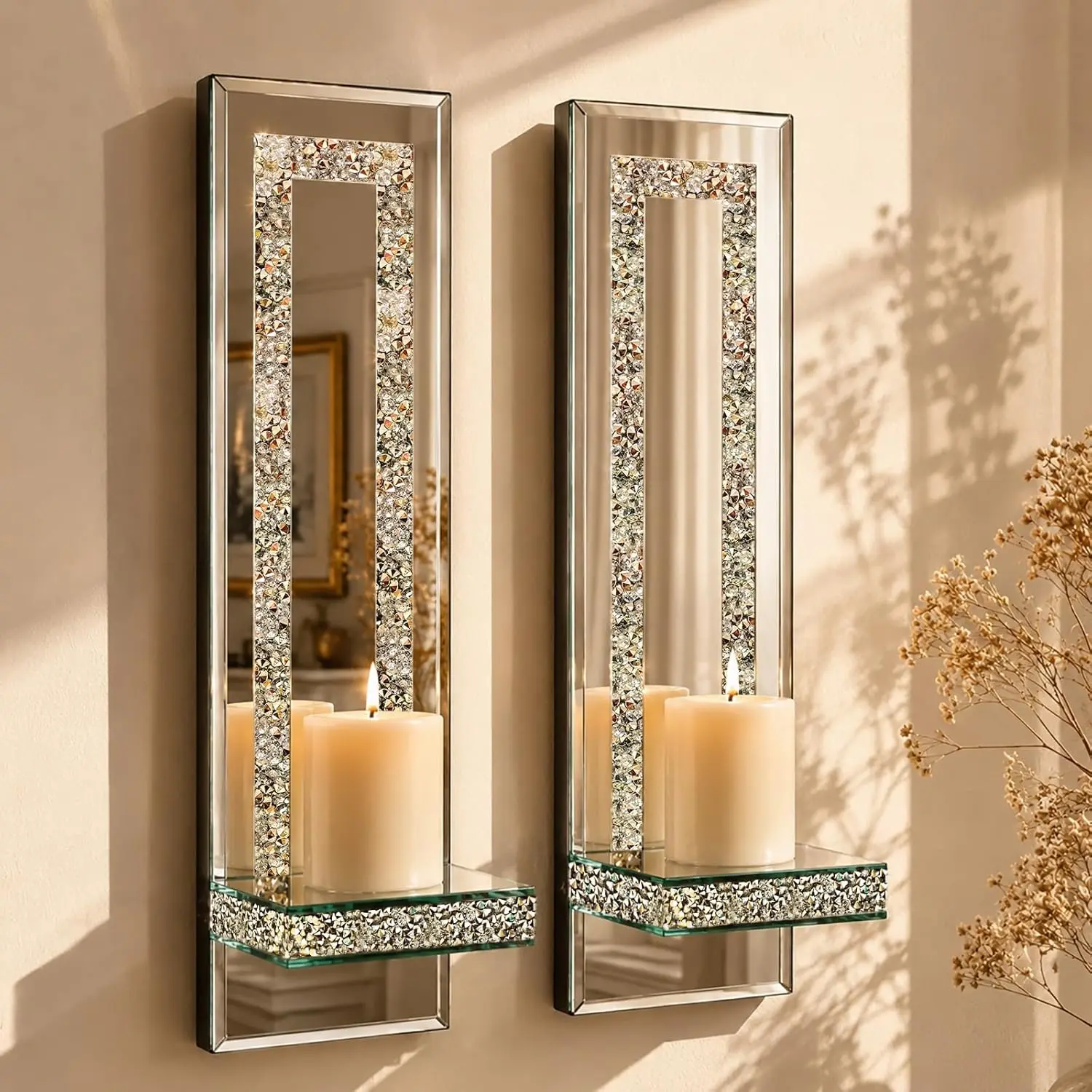 Crushed Diamond Crystal Candle Sconces Set of 2, 15 x 4 Inch| Mirrored Wall Candle Holders, Bling Crystal Wall Decor, For Living Room Bedroom Dining Room Entryway