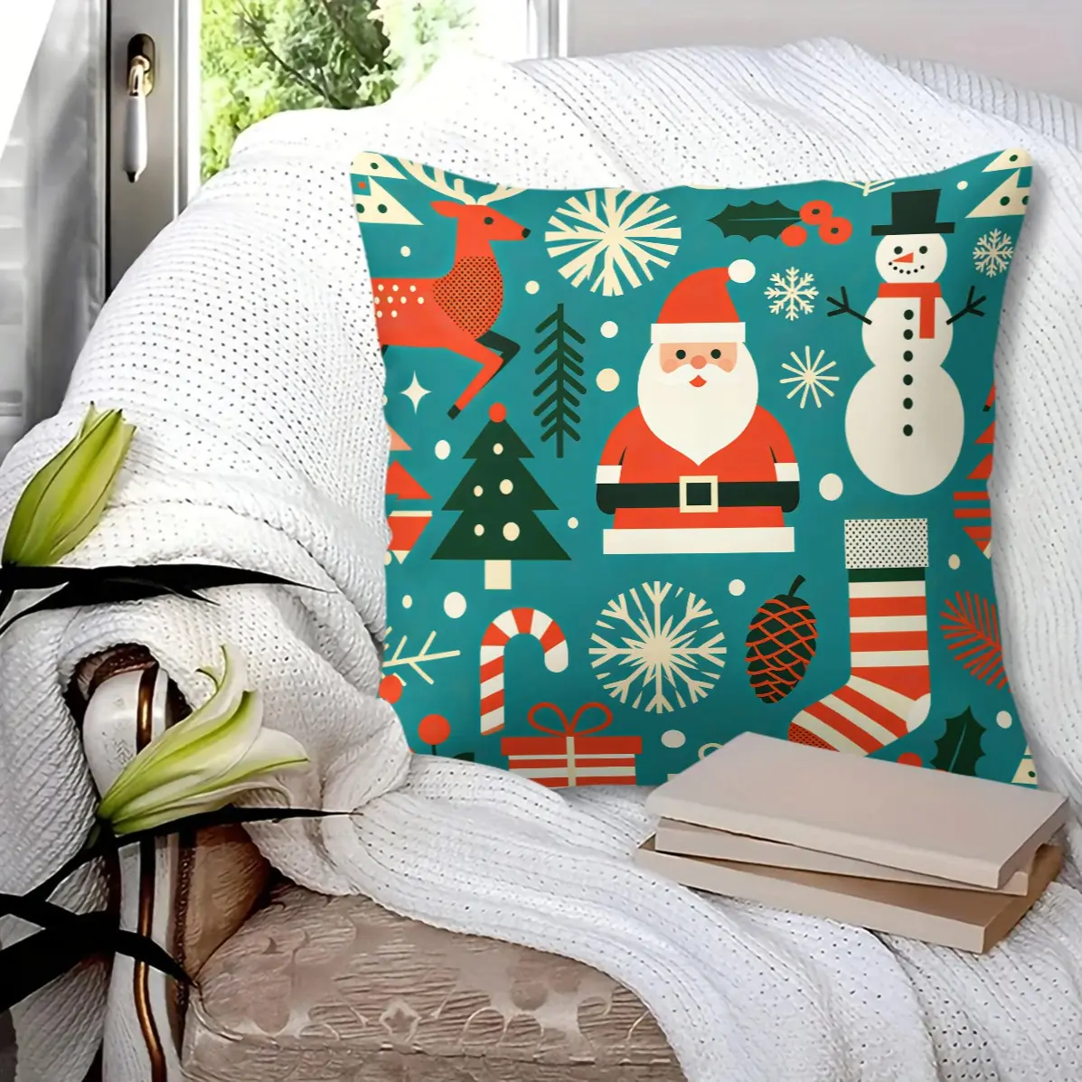 Winter Christmas Decor Pillow, aurora elk santa multi-style print, soft festive cushion for sofa & window (with insert)