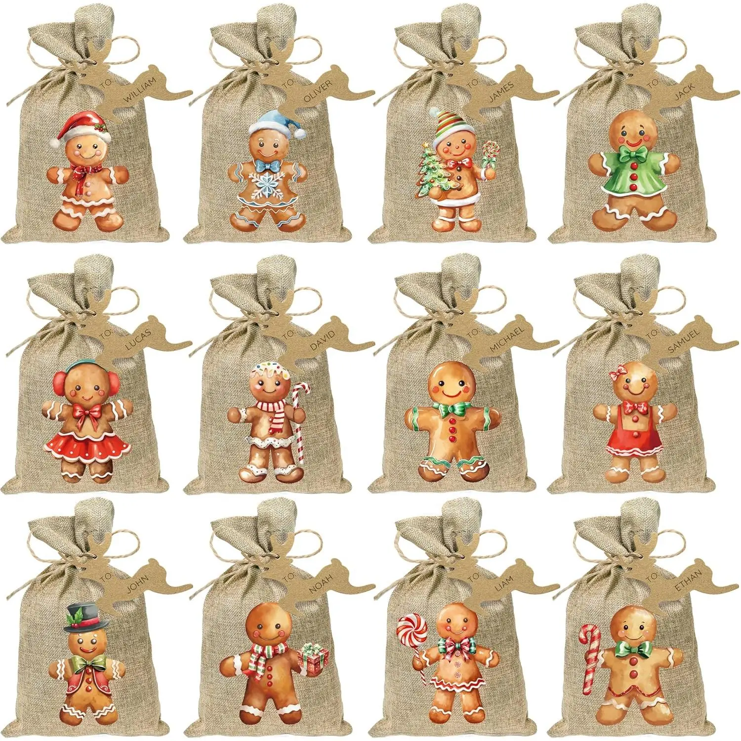 24 count Christmas Small Burlap  Bags with Drawstring(12 Designs, 7 x 5") | Xmas Gingerbread  Candy Bag with Tags Holiday   Bags  Linen  Wrapping Bags for Xmas Party Favor