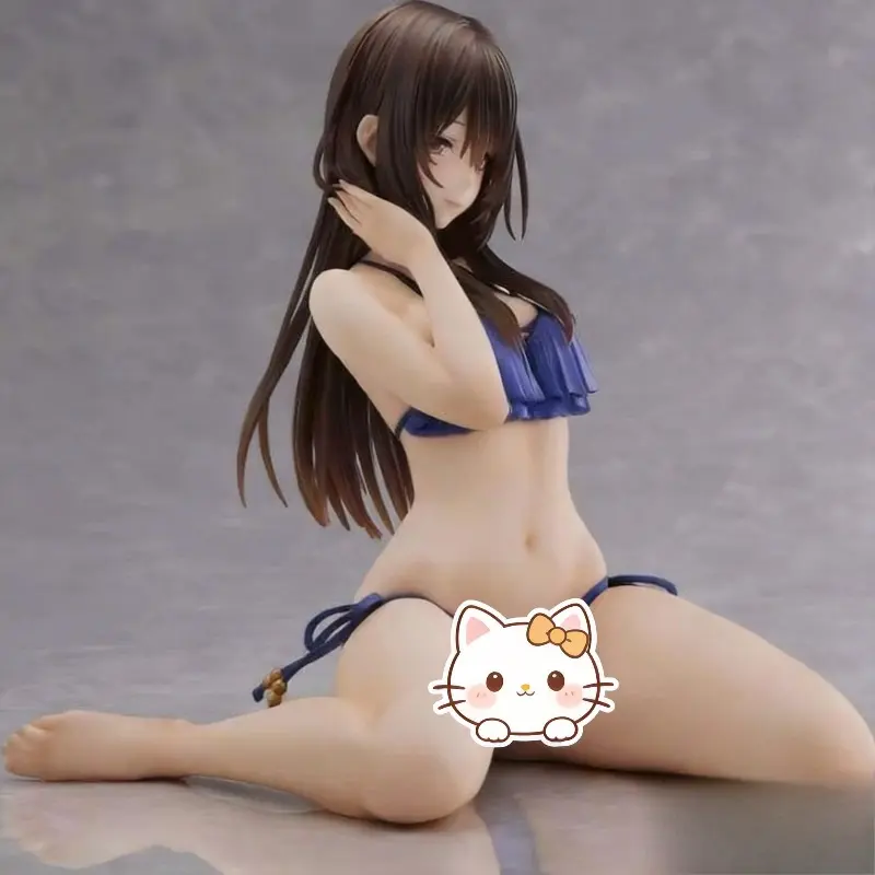 Anime Girl Blue Ruffled Bikini PVC Figure, Long Brown Hair Kneeling Pose Solid PVC Anime Character Statue Cartoon Girl Collectible Figurine Desk Decor Gift For Anime Fans Birthday Christmas Party Favor Cross-Border Wholesale