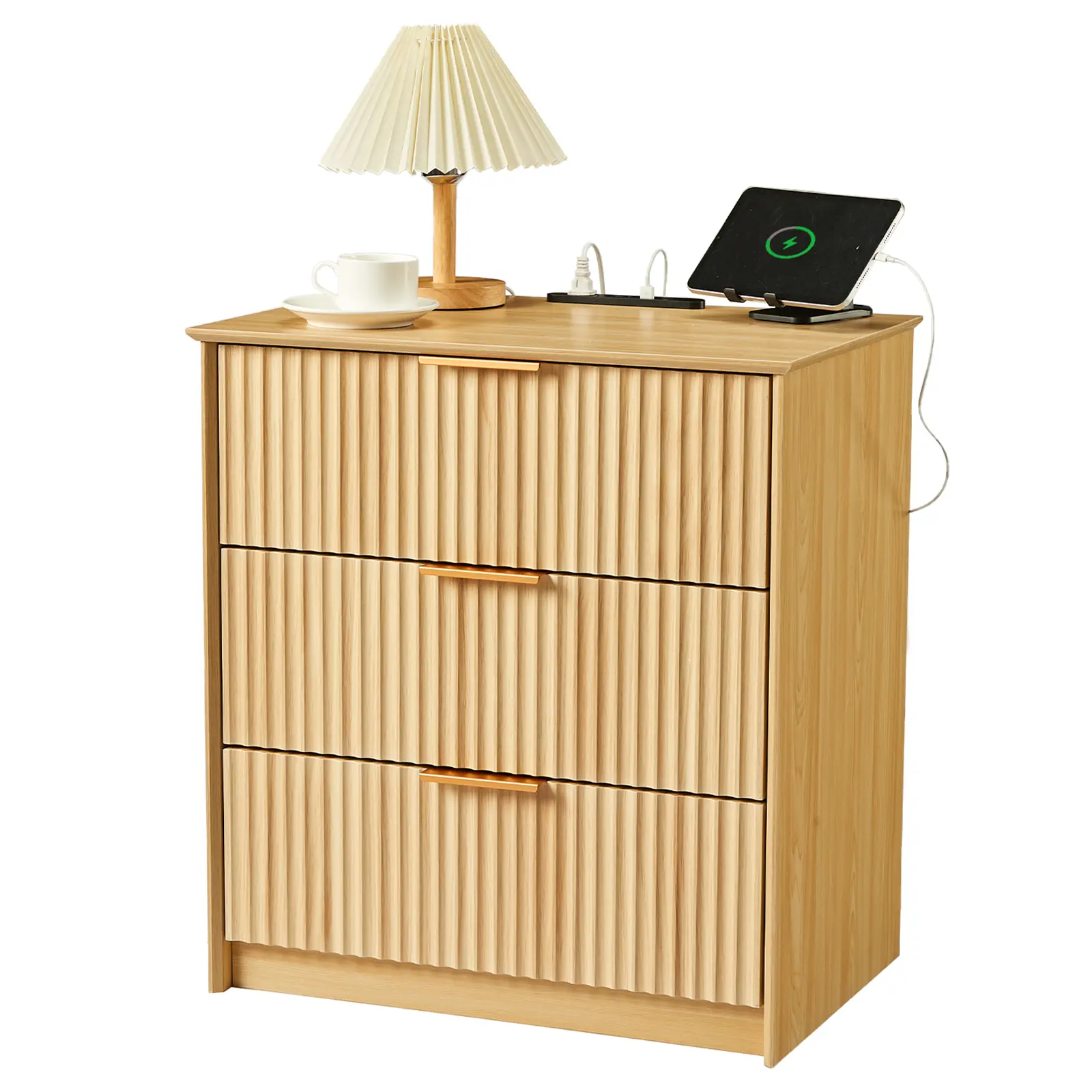 Modern Fluted 3-Drawer Nightstand with USB & Power Outlets – Wave-Textured Wooden Bedside Cabinet, Compact Dresser for Bedroom, Living Room, or Entryway