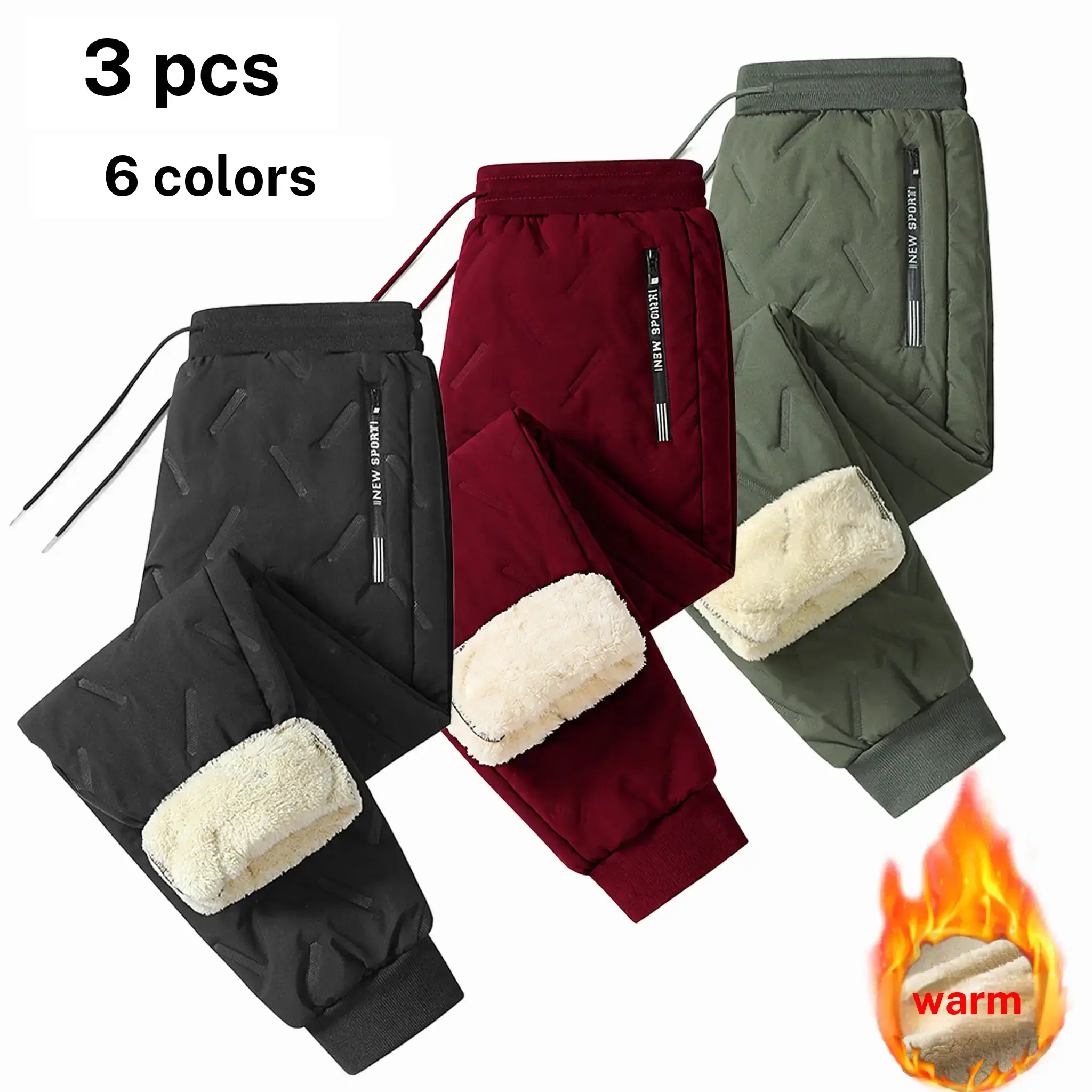 Men's Lamb Fleece Lined Thick Thermal Pants 1/3 Packs Optional, High Waist Flexible Stretch, Windproof Cold Insulated, Plain Polyester Casual Wear Menswear for Daily Commuting, Outdoor Trips