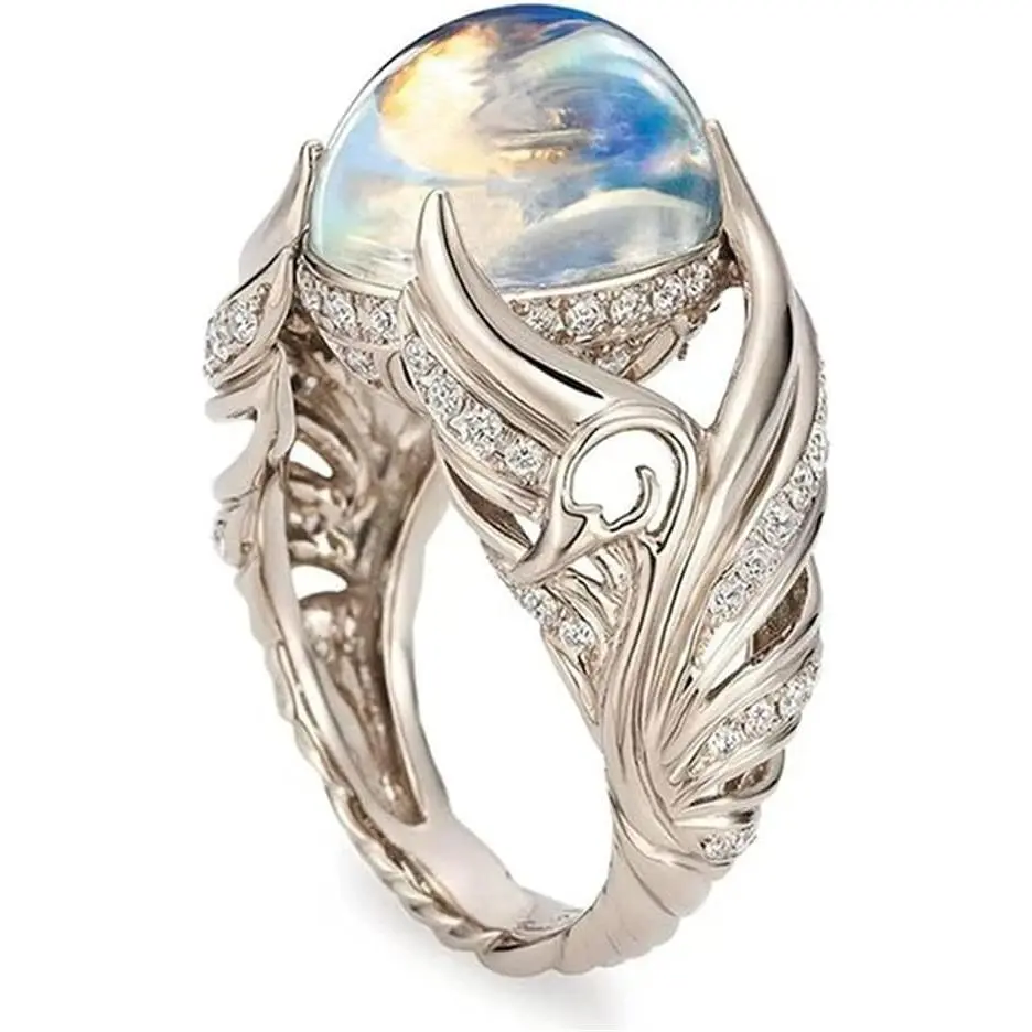 Spiritual Gorgeous 925 Sterling Silver Ring Angel Wings Wedding Band Charming Moonstone Diamond Jewelry Casual Accessory Engagement Rings