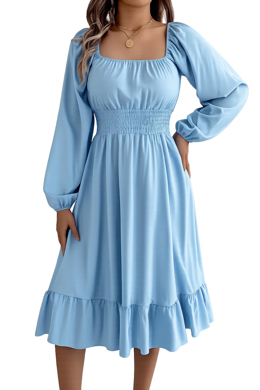 2026 Spring and Summer Leisure Solid Color Square Collar Long Sleeve Waist-Cinched A-Line Skirt