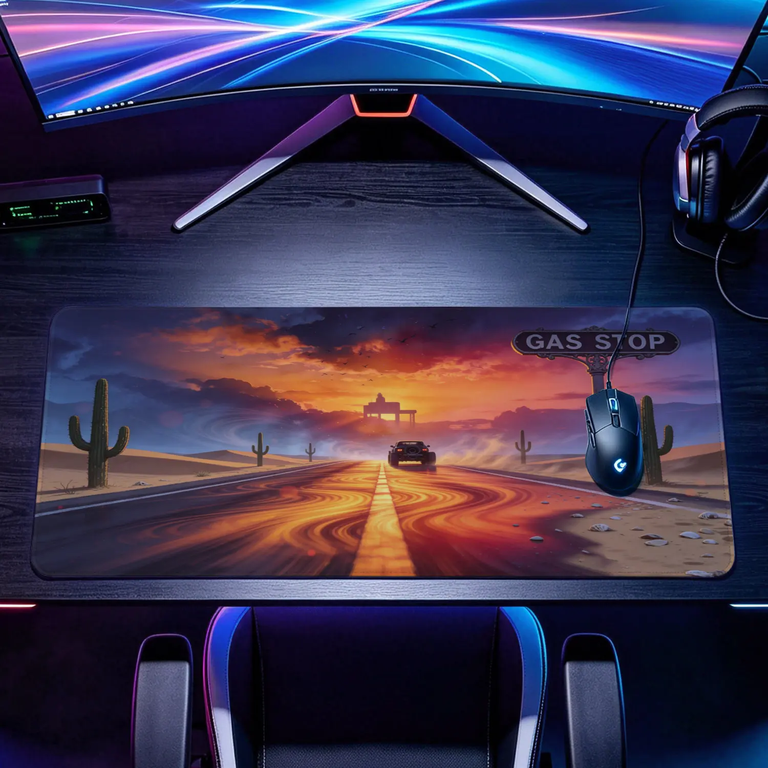 Extra Large desert road sunset car design Mouse Pad,Non Slip Rubber Pad,Desktop Decoration Drotection Pad,Washable,Lock Edge Multi Size,Premium Multipurpose Mousepad For Office,Study Room,Gift for Family and Friends