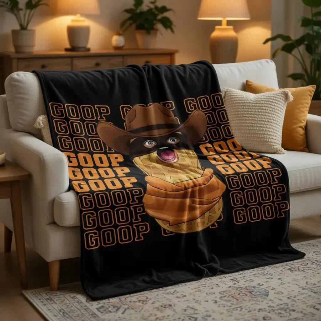 Goop Goop Cowboy Peanut Viral Meme Black Background Print Blanket Soft Cozy Leisure Warm Bed Blanket for Couch & Bedroom, Flannel & Fleece Throw Blankets, Funny, Trendy, Colorful, Ideal Gift for Meme Lovers & Pop Culture Fans.