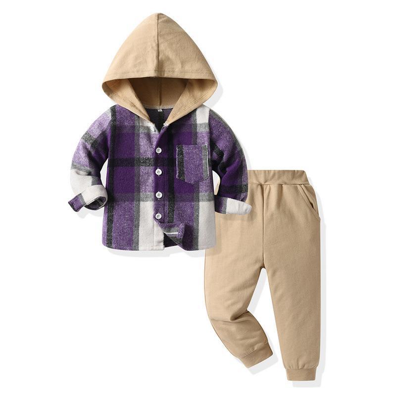 Toddler Boys Plaid Hooded Shirt & Khaki Sweatpants Set, Fashionable Long Sleeve Button-Down Top with Pocket, Comfortable Joggers for Kids, Perfect for Autumn/Winter Daily Wear & Outdoor Activities
