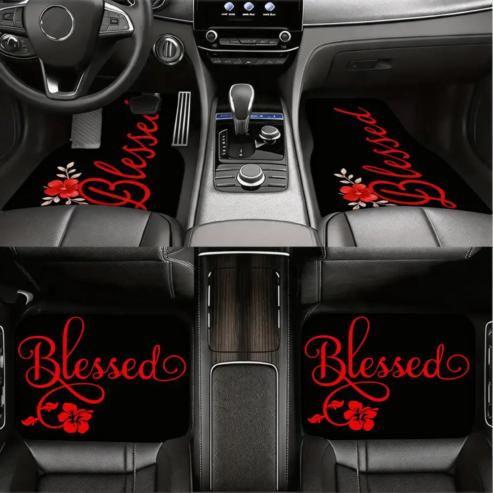 Custom Car Floor Mats, Automotive Interior Accessories, Blessed Red Floral Script Design, Non-Slip Durable Fabric, Universal Fit For Front And Rear Seats, 4 Piece Set