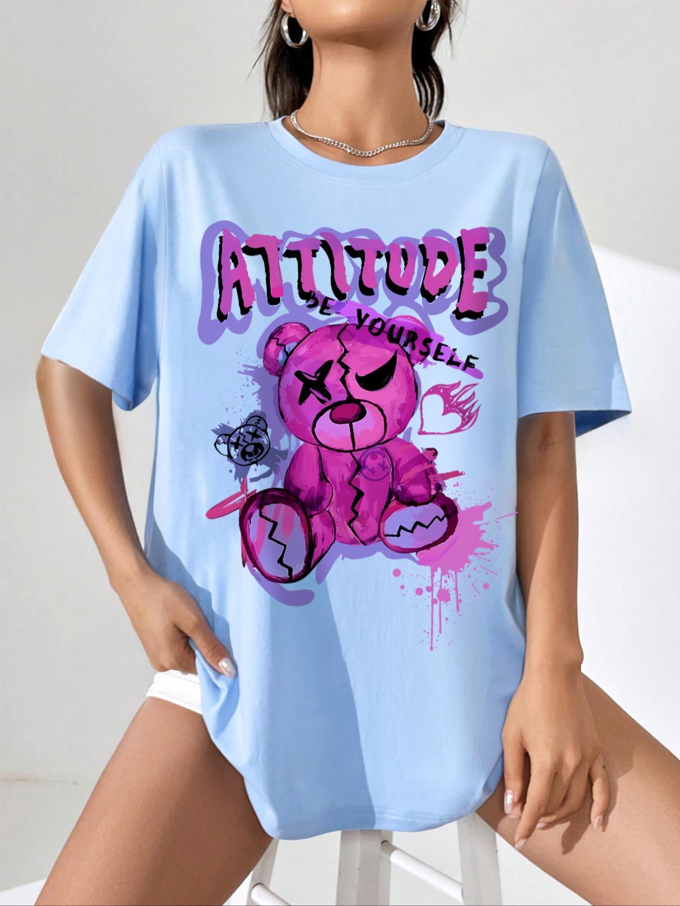 Cartoon Graphic Print Drop Shoulder Tee, Summer Casual Funny Letter Print Crew Neck T-shirt for Daily Holiday Vacation Outdoor Wear, Women Tops for Summer