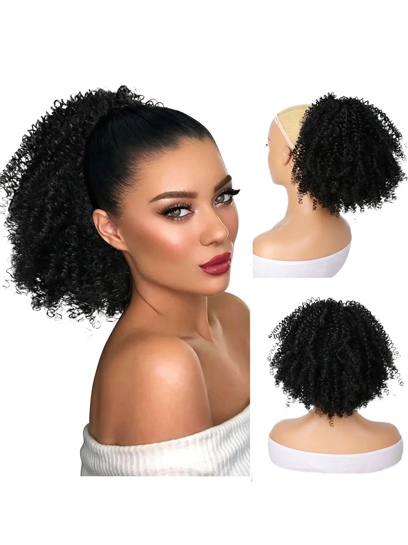 10 Inch Short Afro Deep Kinky Curly Pony，Afro Curly Drawstring Ponytail Extension for Black Women Short Kinky Curly Ponytail Syntheetic Hairpieces for Daily