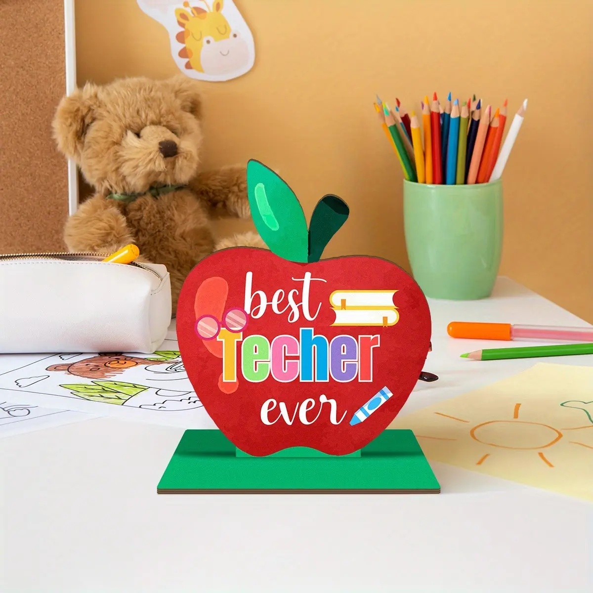 1Pcs Best Teacher Apple Ornament, Colorful Back To School Tabletop Sign With Pencil Eraser Book Design, Faux Wood Craft No Battery Required, Vintage Style Decor For Classroom & Home
