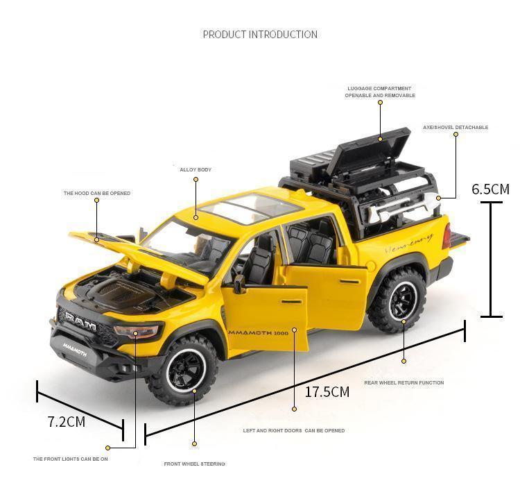1:32 DODGE Mammoth 1000 TRX Alloy Pickup Car Model Diecast Metal Off-road Vehicle Model Sound and Light Simulation Kids Toy Gift