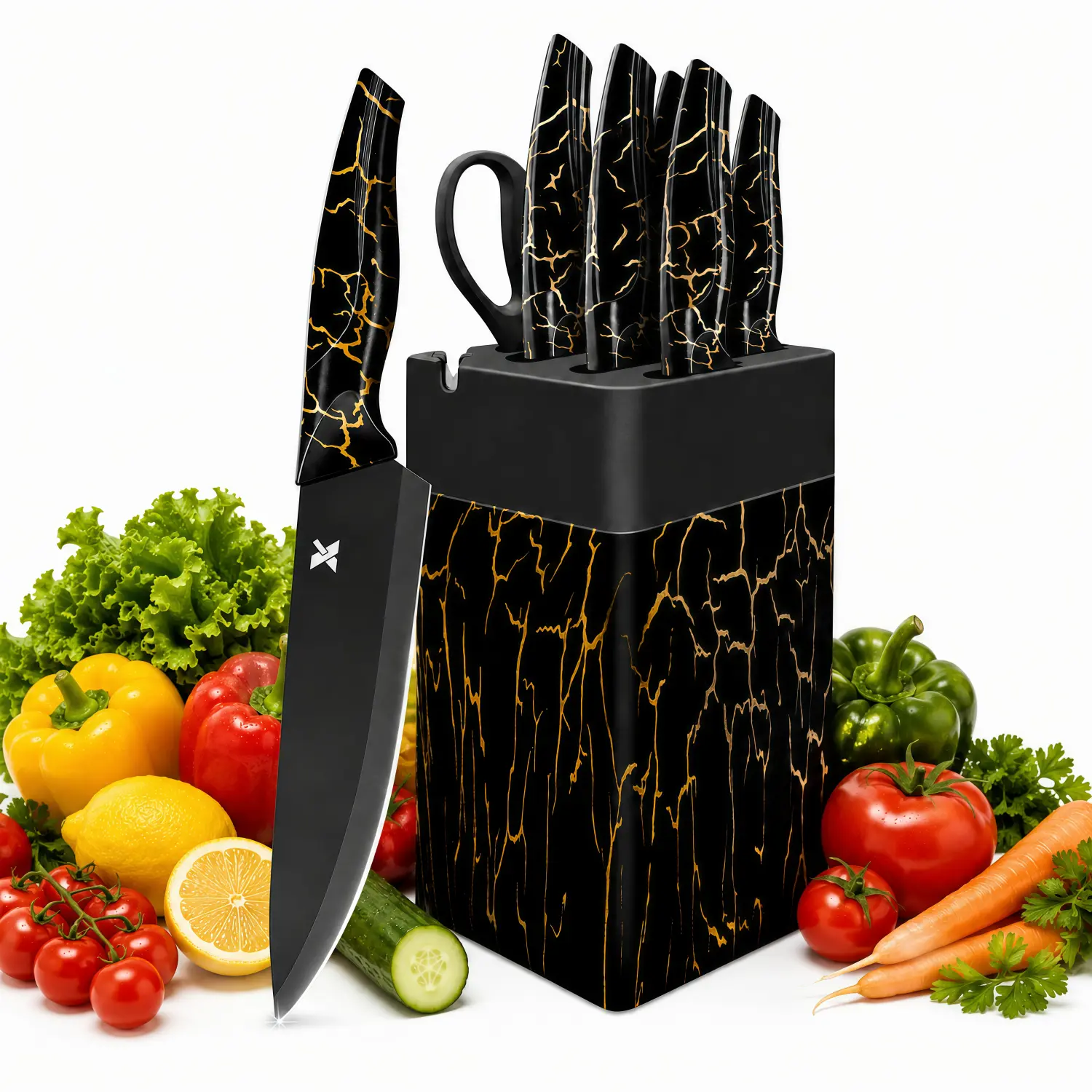 8-Piece Self-Sharpening Stainless Steel Kitchen Knife Set with Block - Home Kitchenware, ABS Anti-Slip Ergonomic Handle, Dishwasher Safe, Black Gold Marble Slicer for Cutting Tasks, Built-In Sharpener, Storage Solution