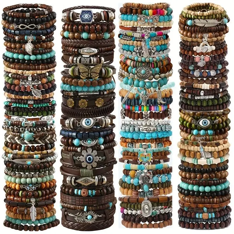 Beaded Bracelets Set, 25/43/87 Piece Handmade Wooden Stacking Bands with Pendants for Couples, Colorful Party Favors & Gifts, Matching Bracelet, Wristband Bracelet