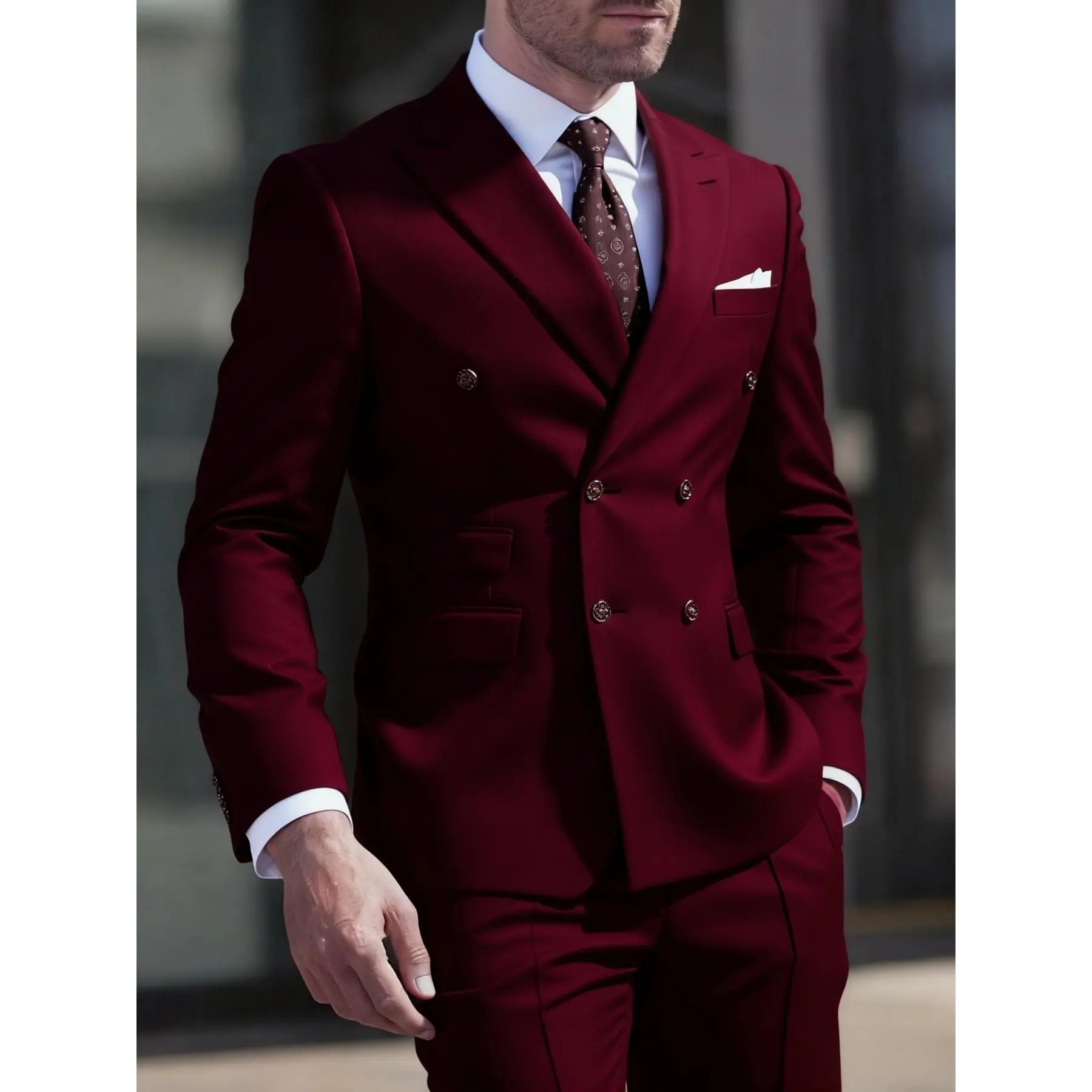 Men's Formal 2pcs Double-Breasted Peak Lapel Wedding Suit - Long Sleeve Plain Menswear Blazer & Trousers for Groom, Retro Party