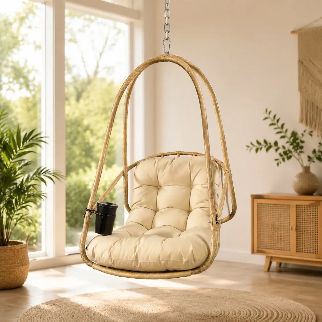 ARCH Egg Swing Chair with C Bracket, Indoor Outdoor Wicker Rattan Hanging Chair with Cushion and Pillow, Patio Basket Swing Chair with Cup Holder, Foldable Design, Beige+Brown, 350lbs Capacity
