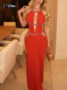 Women's Fashion Sexy Backless Waist Cinch Long Dress, Bodycon Evening Dress, Tie Front Halter Neckline Sleeveless Evening Gown, Street Casual Lady Clothing for New Spring Summer