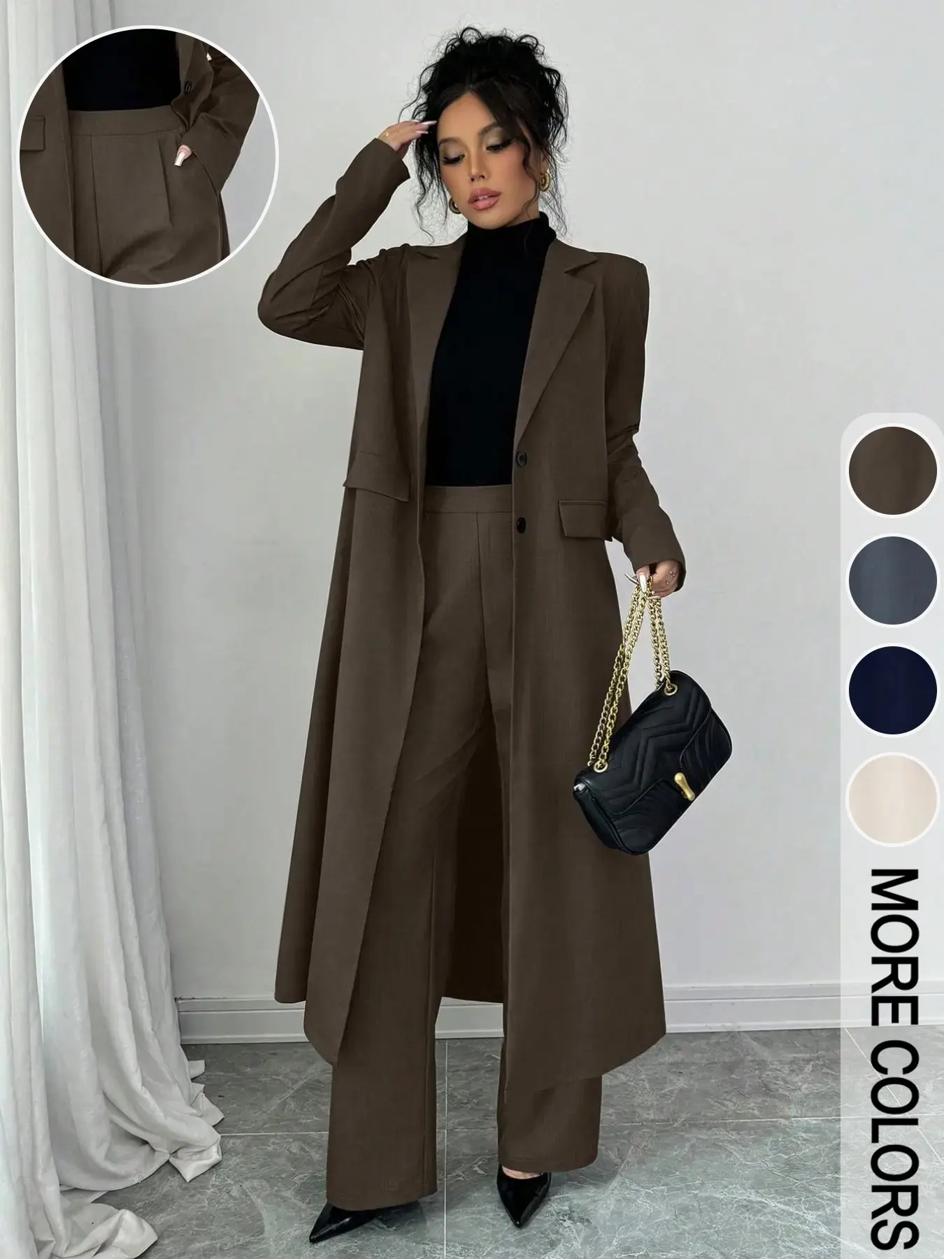 Women's 2‑Piece Outfit Set, Lapel Long Blazer Coat + High‑Waist Wide‑Leg Suit Pants, Elegant Fall & Winter Business Two‑Piece Women Outfit, Commuter Matching Set, Sophisticated & Sharp Style, Casual Office‑Chic Look, Elegance