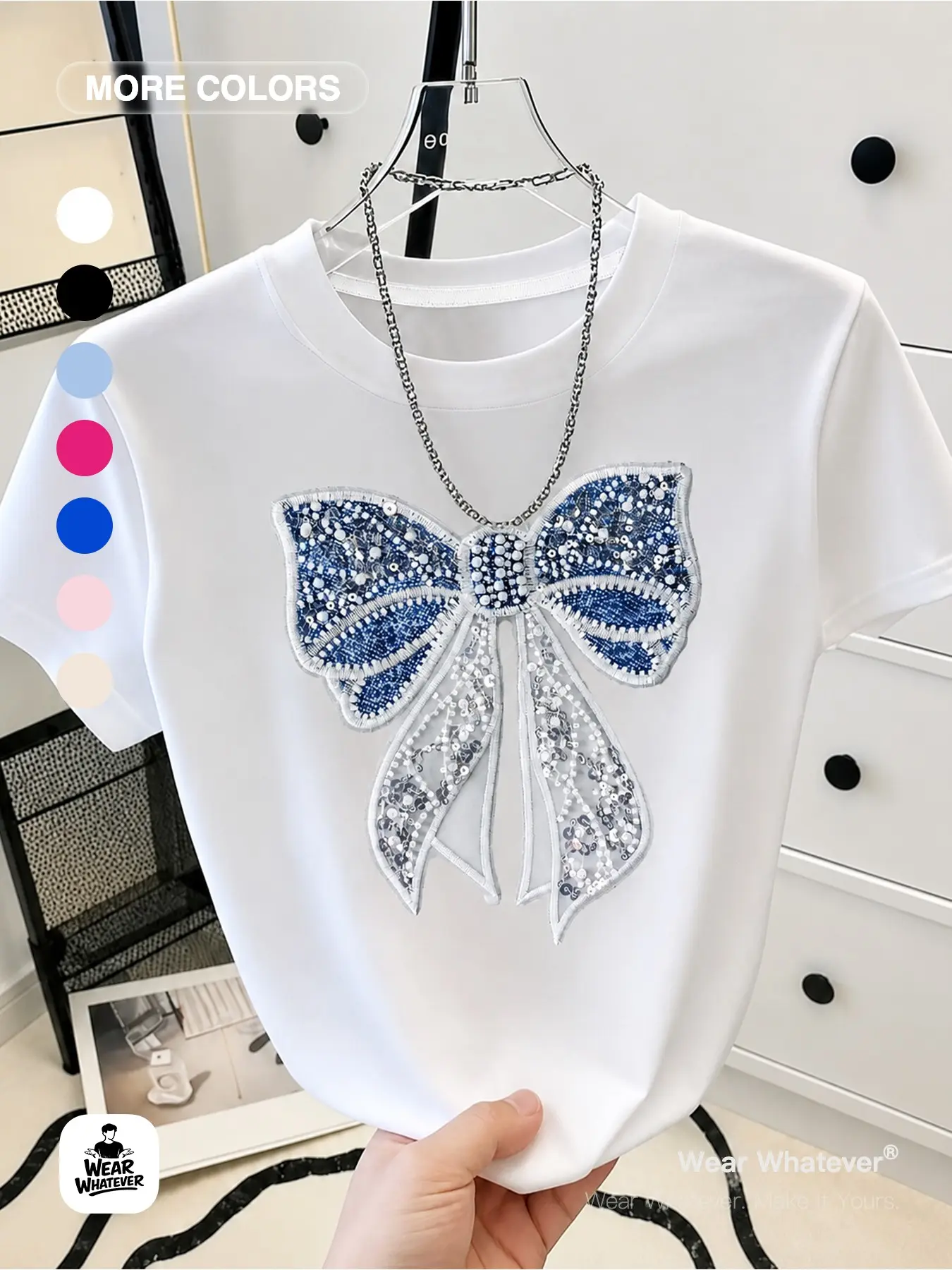 Wear Whatever Women’s Sequin Bow Graphic T Shirt, Short Sleeve Embellished Tee for Coquette Style, Y2K Casual Streetwear, Summer Daily Wear and Cute Going Out Outfits