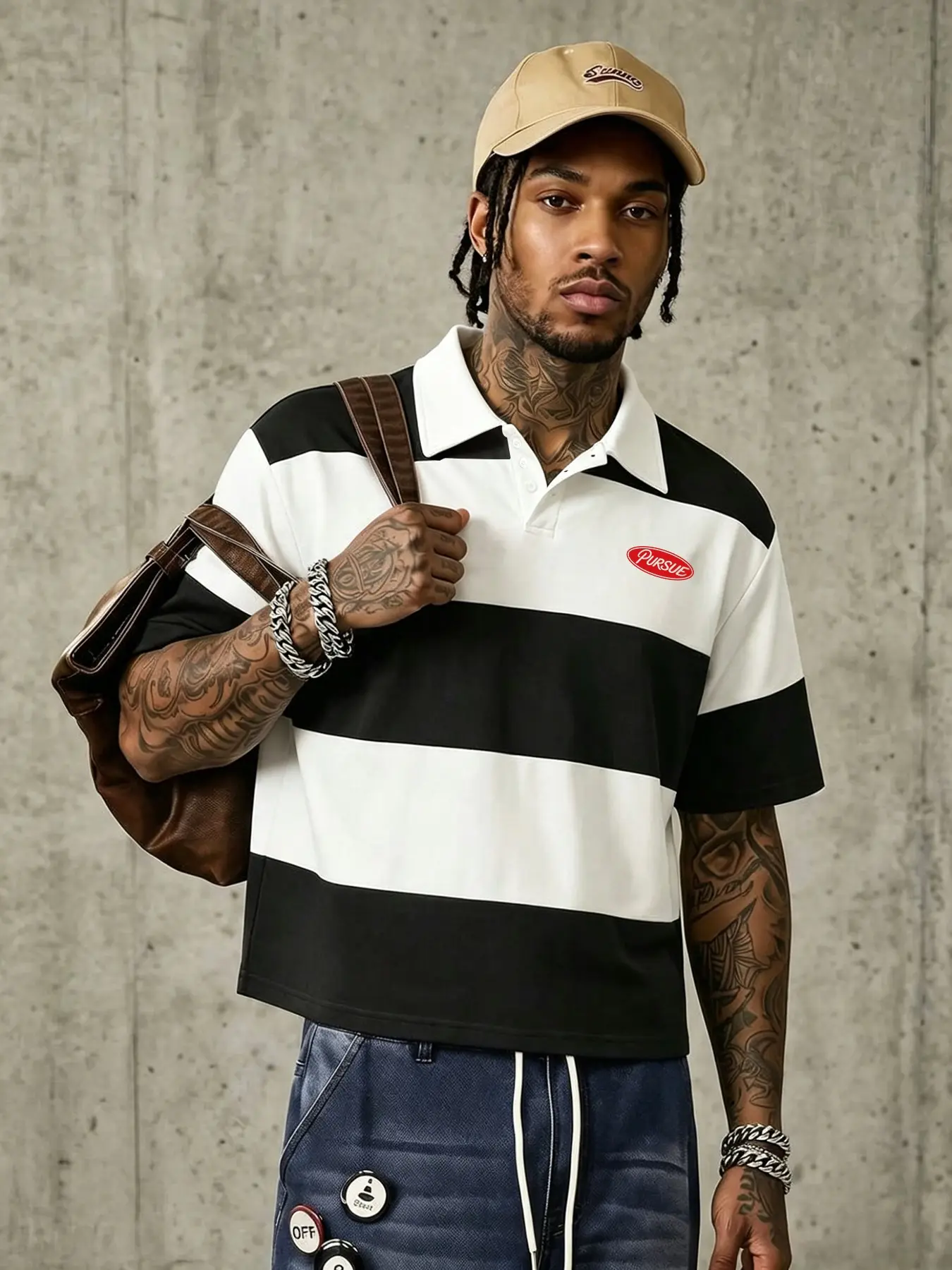 American Retro College Classic Style Striped Polo, Left Chest Oval Pursue Letter Print, Loose Fit Unisex Casual Top, Loose Polo Shirt